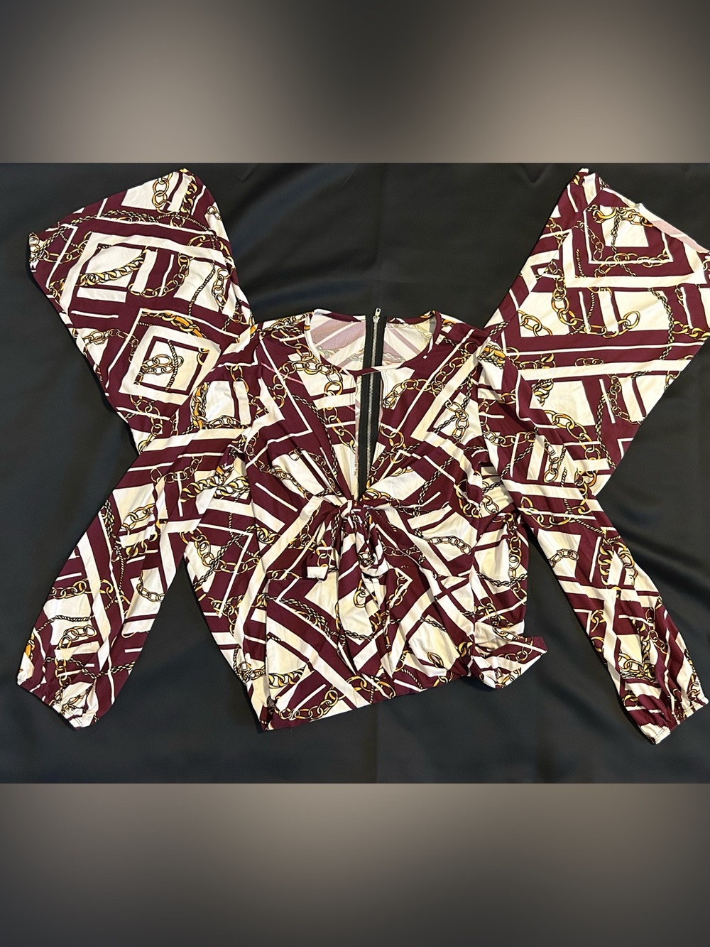 Tie-Front Burgundy Chain-Print Blouse